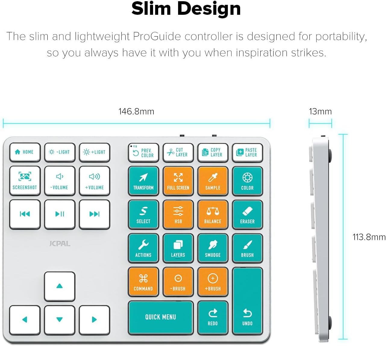 JCPAL ProGuide Wireless Keyboard for Procreate - Bluetooth Rechargeable Macro Pad Mini Keyboard for iPad Procreate with 35 Color-Coded Buttons