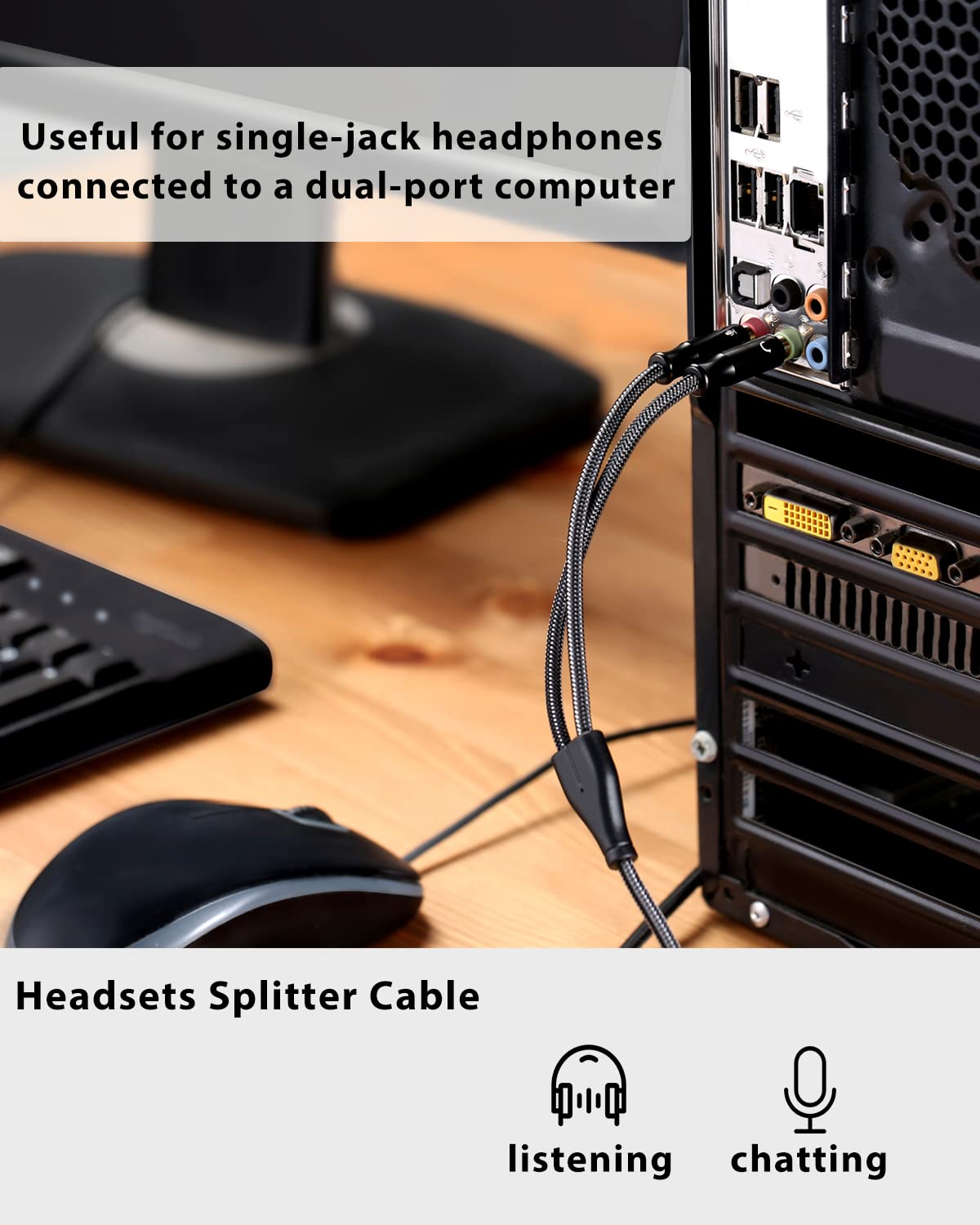 Headset Splitter Cable for PC 3.5mm Crystal-Nylon Braid Female to Dual 3.5mm TRS Male Headphone Mic Audio Y Splitter Cable CTIA Gaming Headset to PC Adapter - Matte Black 0.3M