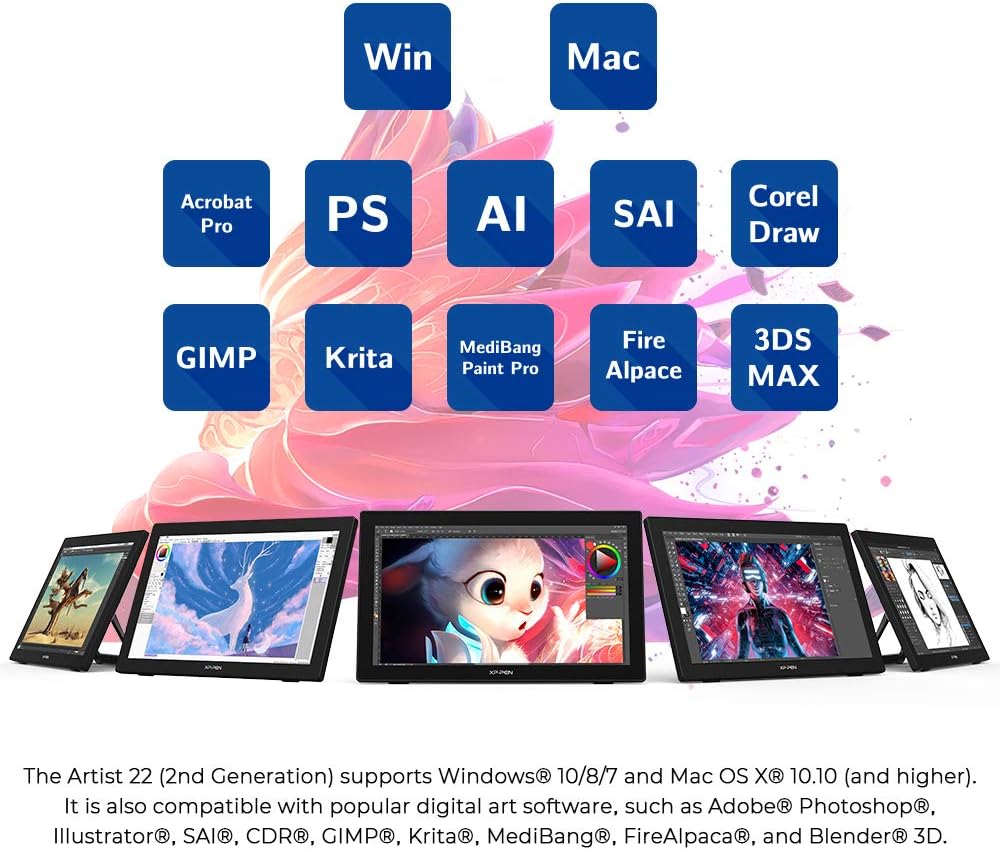 Drawing Tablet with Screen XPPen Artist 22 2nd Computer Graphics Tablet 122% sRGB with Tilt Function Battery-Free Stylus Adjustable Stand, 21.5inch Pen Display Compatible with Windows PC, Mac, Linux