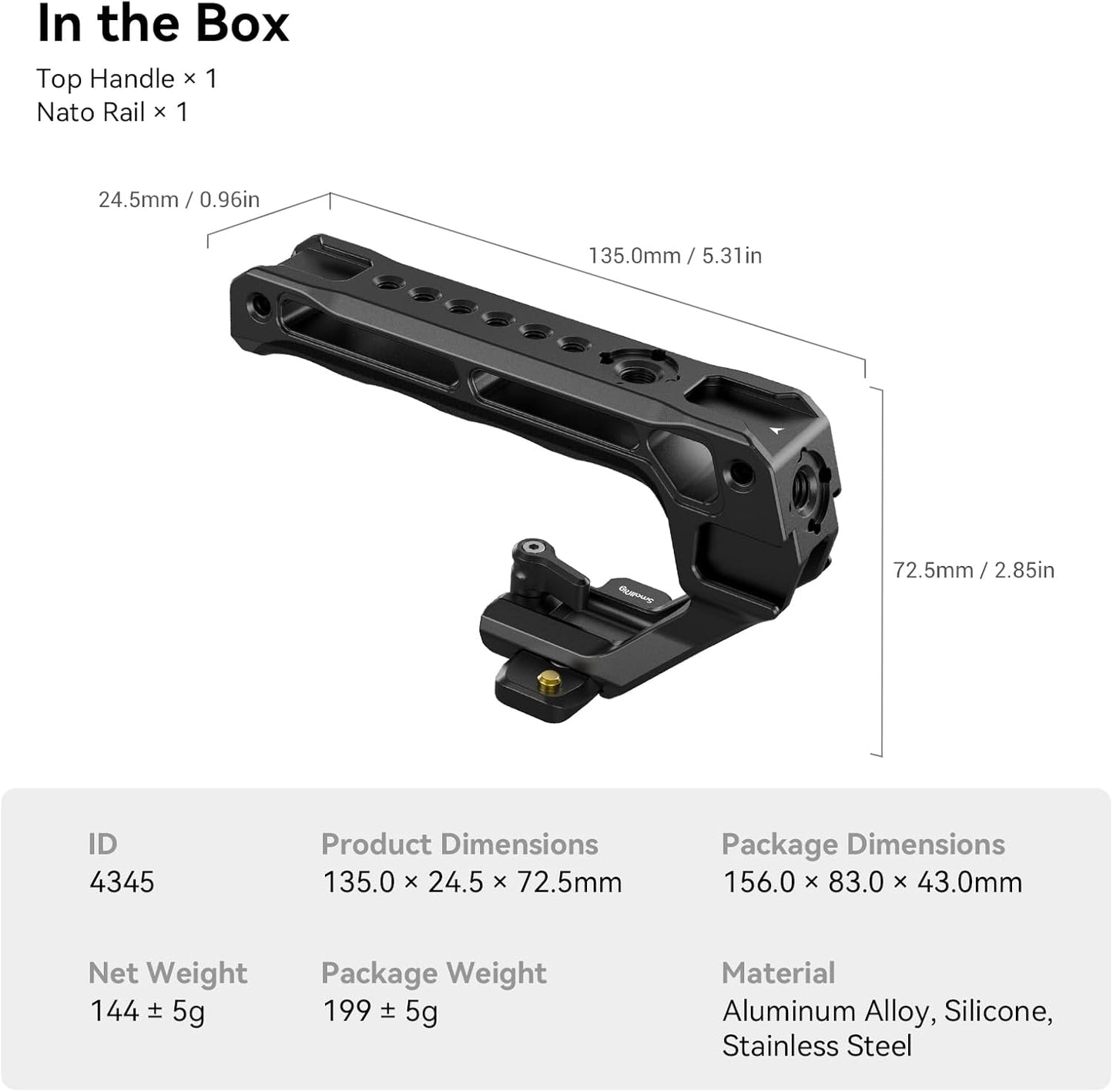 SMALLRIG Lightweight NATO Top Handle, Quick Release NATO Grip w/NATO Rail for DSLR Camera Cage, Universal Top Handle with 5 Cold Shoe Adapters - 4345 Black