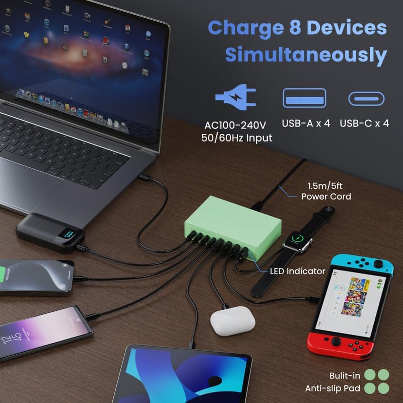 200W USB C Charger Block, 8-in-1 GaN III USB C Charger Fast Charging Station Hub, PD 65W Laptop Charger Adapter Travel Charger, for MacBook Pro/Air/Dell XPS/iPhone 16/15/14/iPad/Galaxy S24 (Green)