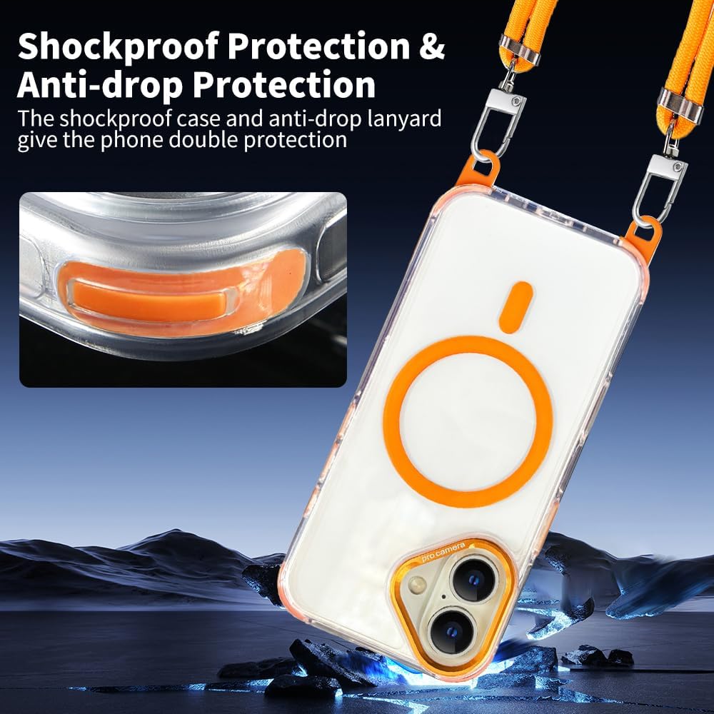 for iPhone 16 Case with Adjustable Phone Lanyard Strap, Compatible with MagSafe, Shockproof Military-Grade Protection, Magnetic Phone Case, Classic Clear Orange Hybrid Case, Yellowing Resistant
