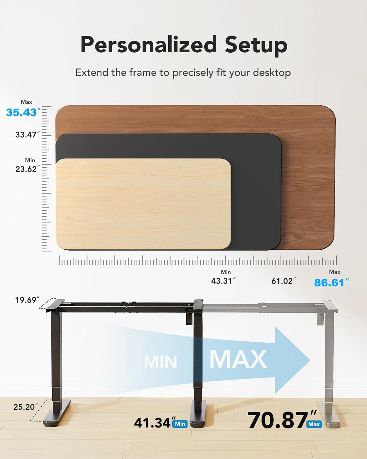 HUANUO Electric Standing Desk Frame with 3-Stage Adjustable Desk Legs, Brushless Motor, and 220 lbs Max Load, Home Office Height-Adjustable Desk Frame for Max 43.31″ x 86.61″ Desktop, Frame Only