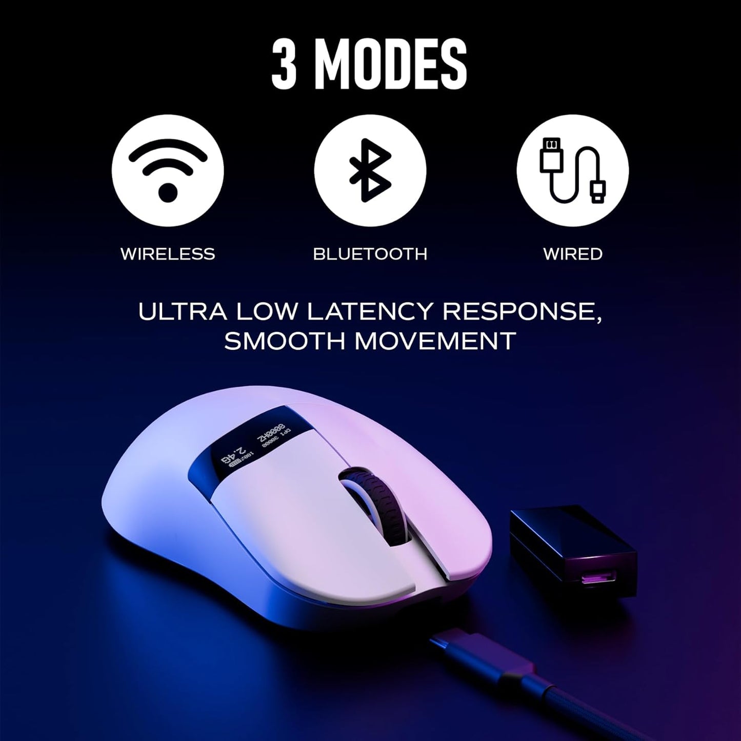 Chilkey Glacier LW 8K M Wireless Gaming Mouse with Screen - 49g Super Lightweight - Dual 8K Polling - Maximum 30000 DPI - Optical Switch - Tri-Mode 2.4G/USB-C/Bluetooth 5.2 - White