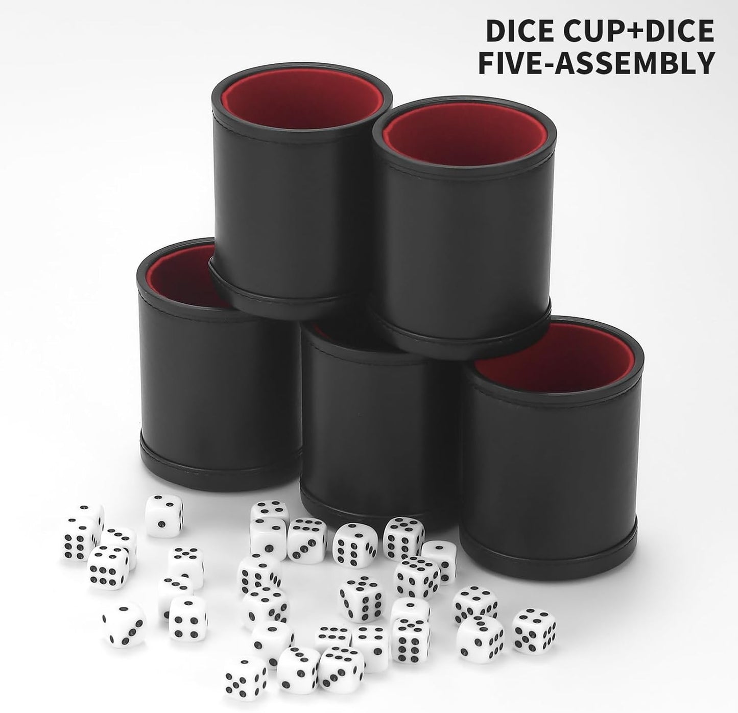 5 Pack PU Leather Dice Cup Set with 6 Dot Dices Felt Lined Quiet Shaker for Yahtzee Bar Party Family Dice Games,Red/Black