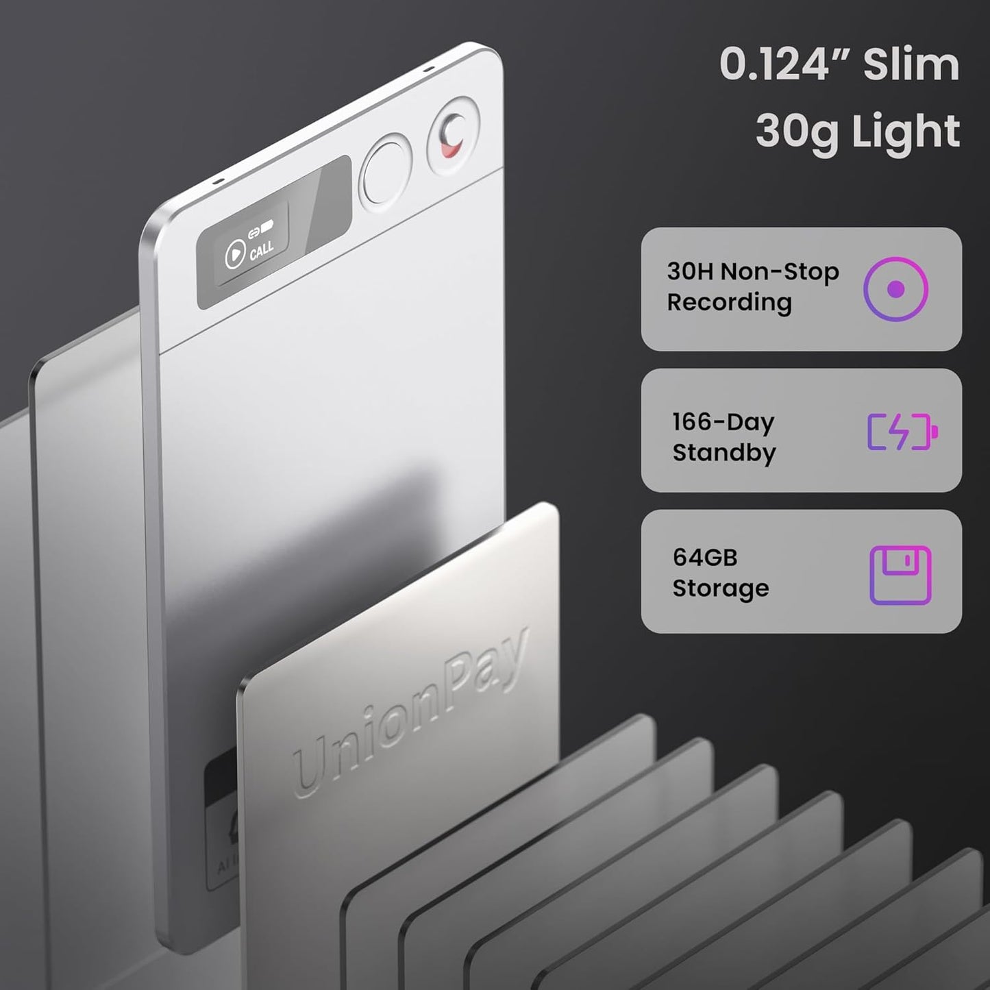 AI Voice Recorder, Note Voice Recorder - Transcribe & Summarize, AI Noise Cancellation Technology, Supports 118 Languages, 64GB Memory APP Control Audio Recorder (LightSilver)