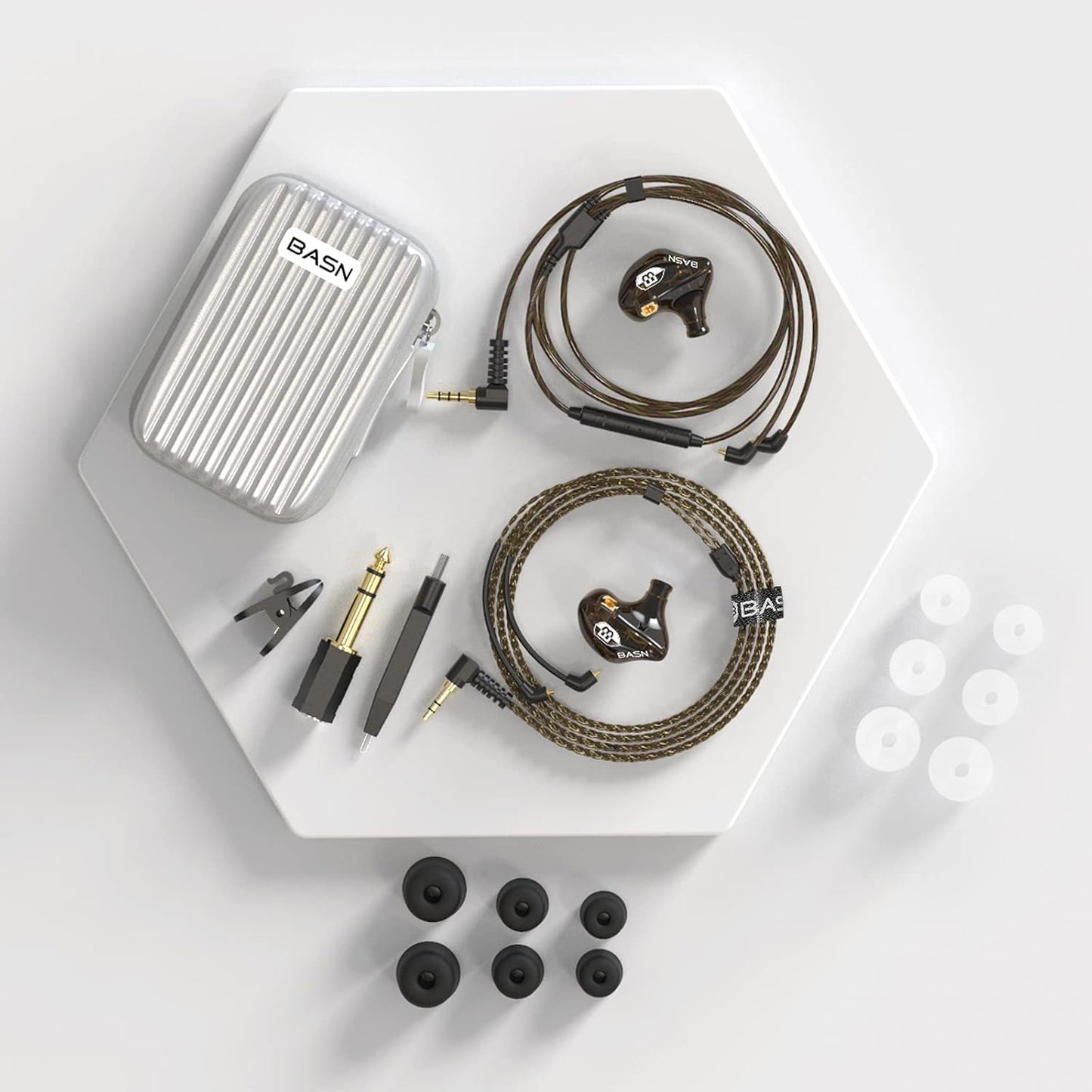 BASN Bsinger in Ear Monitor Headphones for Musician, Dual Dynamic Drivers Noise Isolating Earbuds with MMCX Inline Remote Mic Cable and Silver Plated Audio Cable (SPM-Brown)