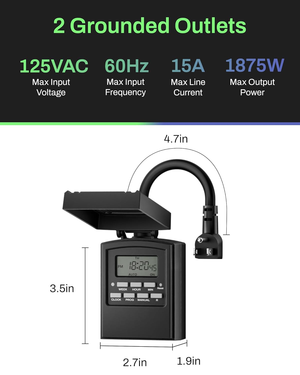 BN-LINK 7 Day Outdoor Heavy Duty Digital Programmable Timer, Outdoor Timer Outlet Waterproof, 2 Grounded Electrical Outlets for Christmas Lights, 15A 1/2HP,ETL Listed
