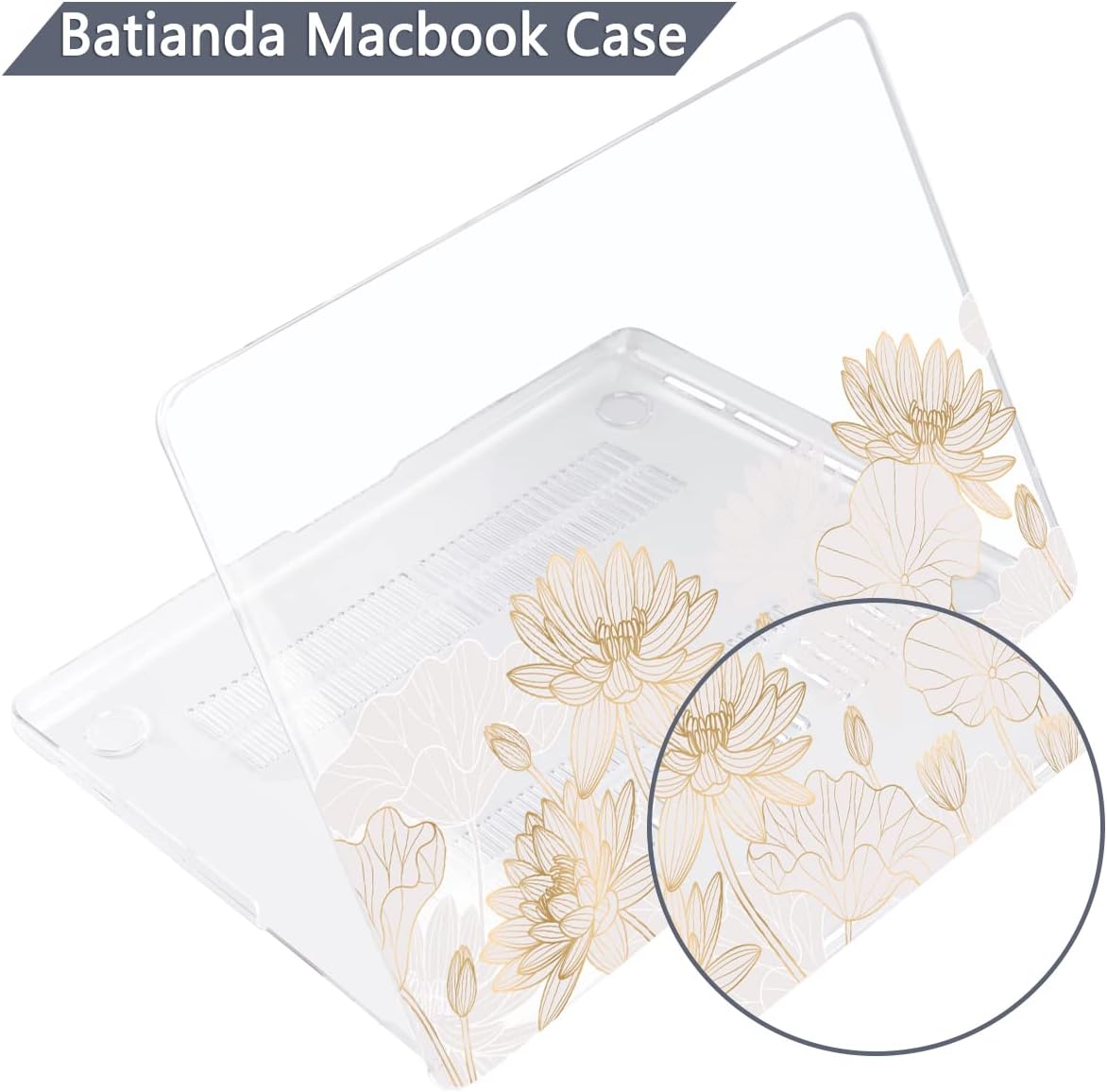Batianda Premium Case for New MacBook Air 15 inch 2025 M4 2024 2023 with M3 M2 Chip Model A3241/A3114/A2941, Designed Protective Plastic Hardshell & Keyboard Cover & Screen Protector, Gold Lotus