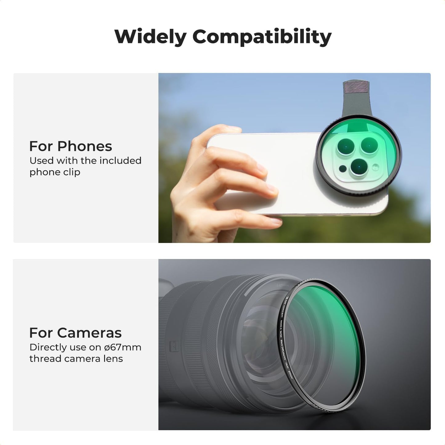 K&F Concept 67mm Clip-on Black Diffusion 1/8 Phone Camera Lens Filter Kit, Mist Cinematic Effect Filter Compatible with iPhone 16 15 14 13 12 11, for Video/Vlog/Portrait Photography