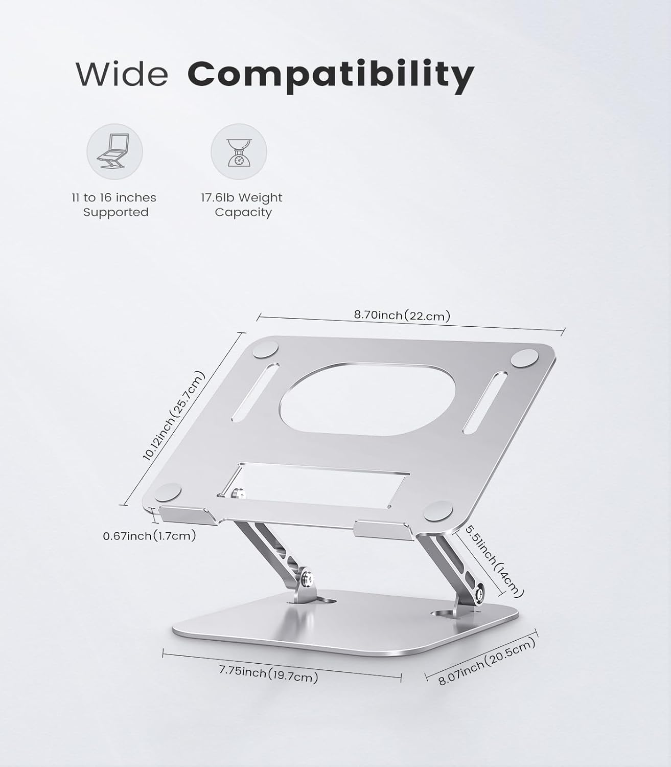 Laptop Stand Adjustable Computer Stand Sturdy Aluminum Laptop Stand for Desk Foldable Laptop Holder Portable Riser for 11–16-inch Laptop Notebook Tablet and More, Silver