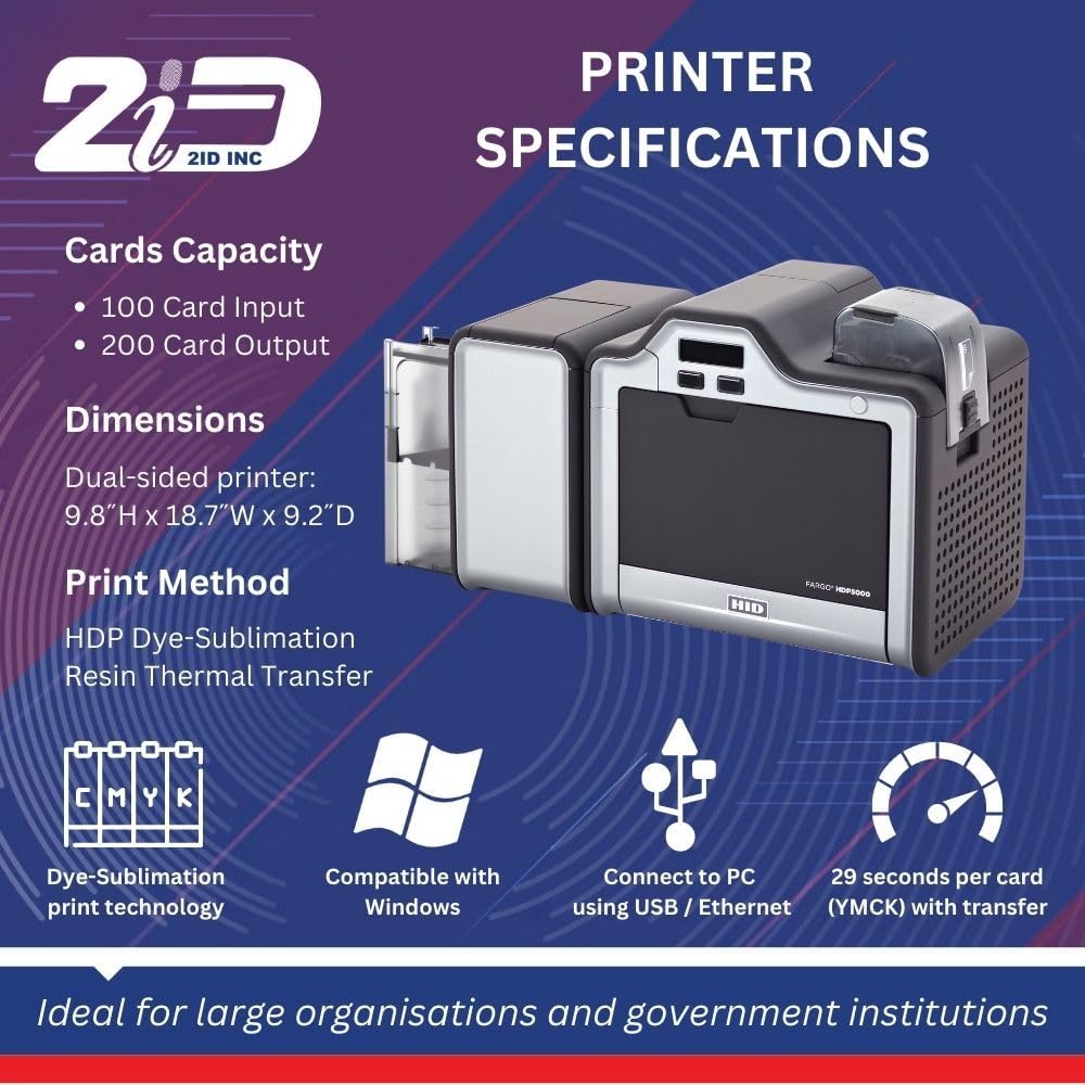 2ID Fargo HDP5000e Dual-Sided ID Card Printer 096640 | High-Definition and Versatile Badge Printer for Corporate and Student ID Badges
