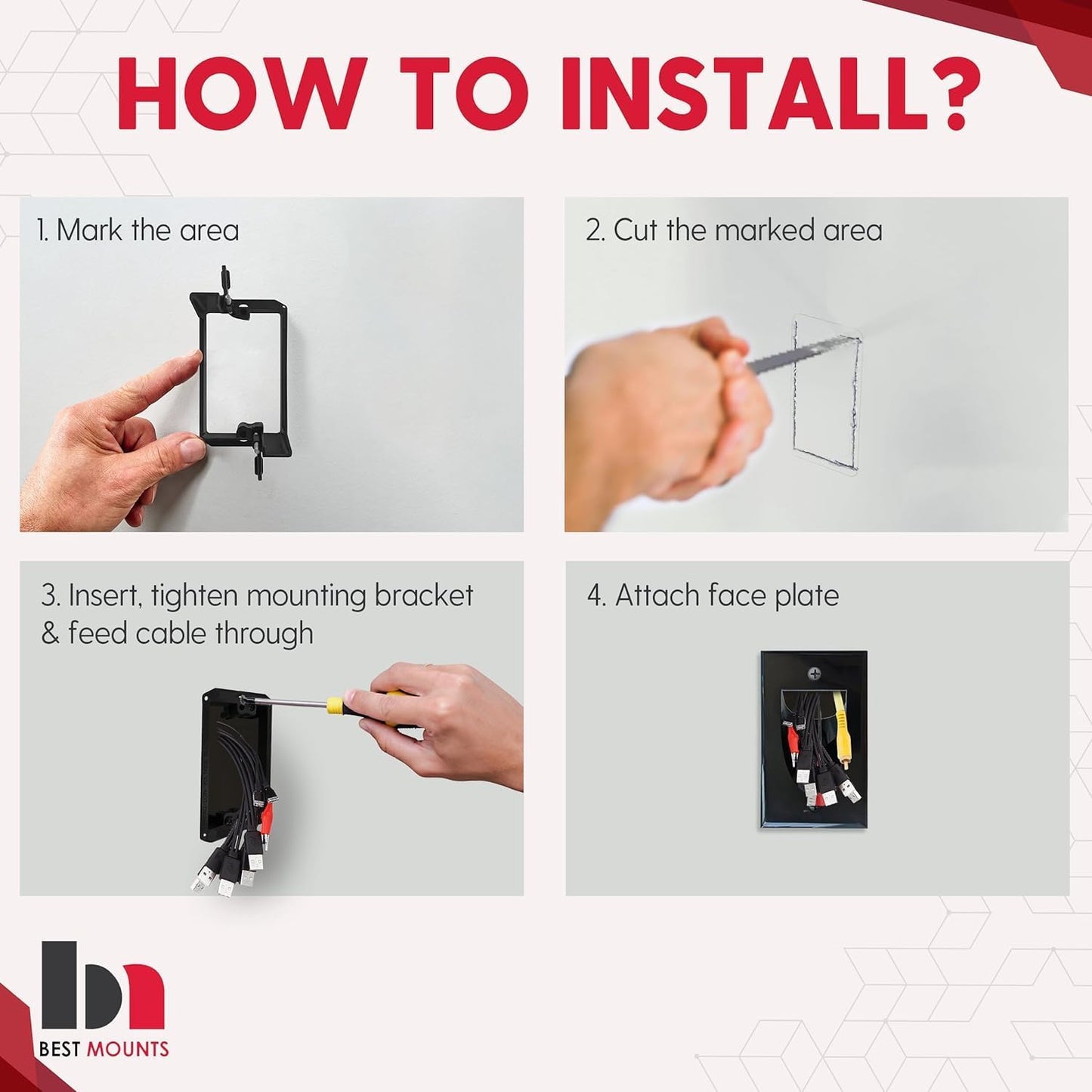 BestMounts - 2 Pack Inner Nose Behind Wall Cable Management TV Cord Hider for Wall Mounted TV - Single Gang Low Voltage Recessed Wall Plates Cable Pass Through for Wires, HDTV, HDMI (Black)