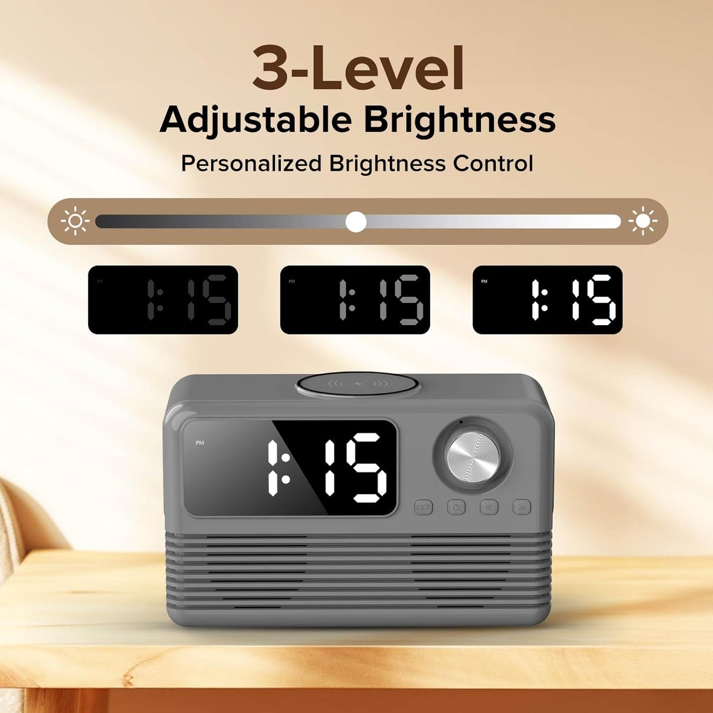 15W Fast Wireless Charger with Bluetooth Speaker and Alarm Clock Radio,4 in1 Wireless Charging Station for iPhone,Android Phones with FM Radio for Bedroom