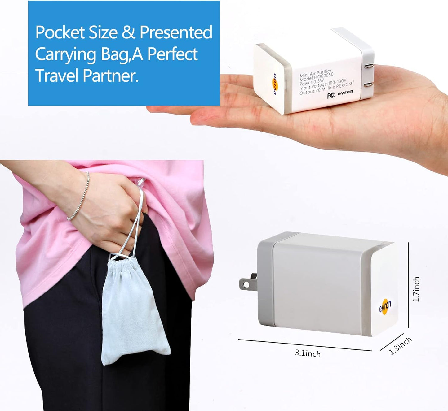 evron Plug-In Air Ionizer for Home & Travel, 20 Million Negative Ions/sec, Compact & Foldable Prongs, No Filter Needed, Quiet Odor Eliminator for Room, Pet, Bathroom, Hotel (Blue light 1 Pack)