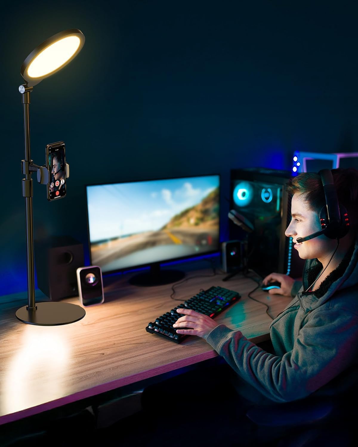 Desk Ring Light with Stand, Adjustable Desktop Light with Phone Holder for Video Calls, Zoom Lighting for Computer/Laptop/Conference/Webcam, Video Light for Recording, Podcast,Photography