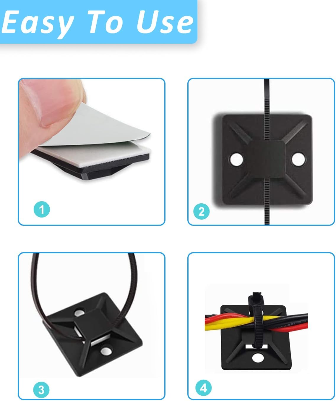 Cable Management Kit - 100 Set Adhesive Cable Zip Tie Mounts with 8" Zip Ties | UV Resistant Wire Organizers for Indoor/Outdoor Use-Black