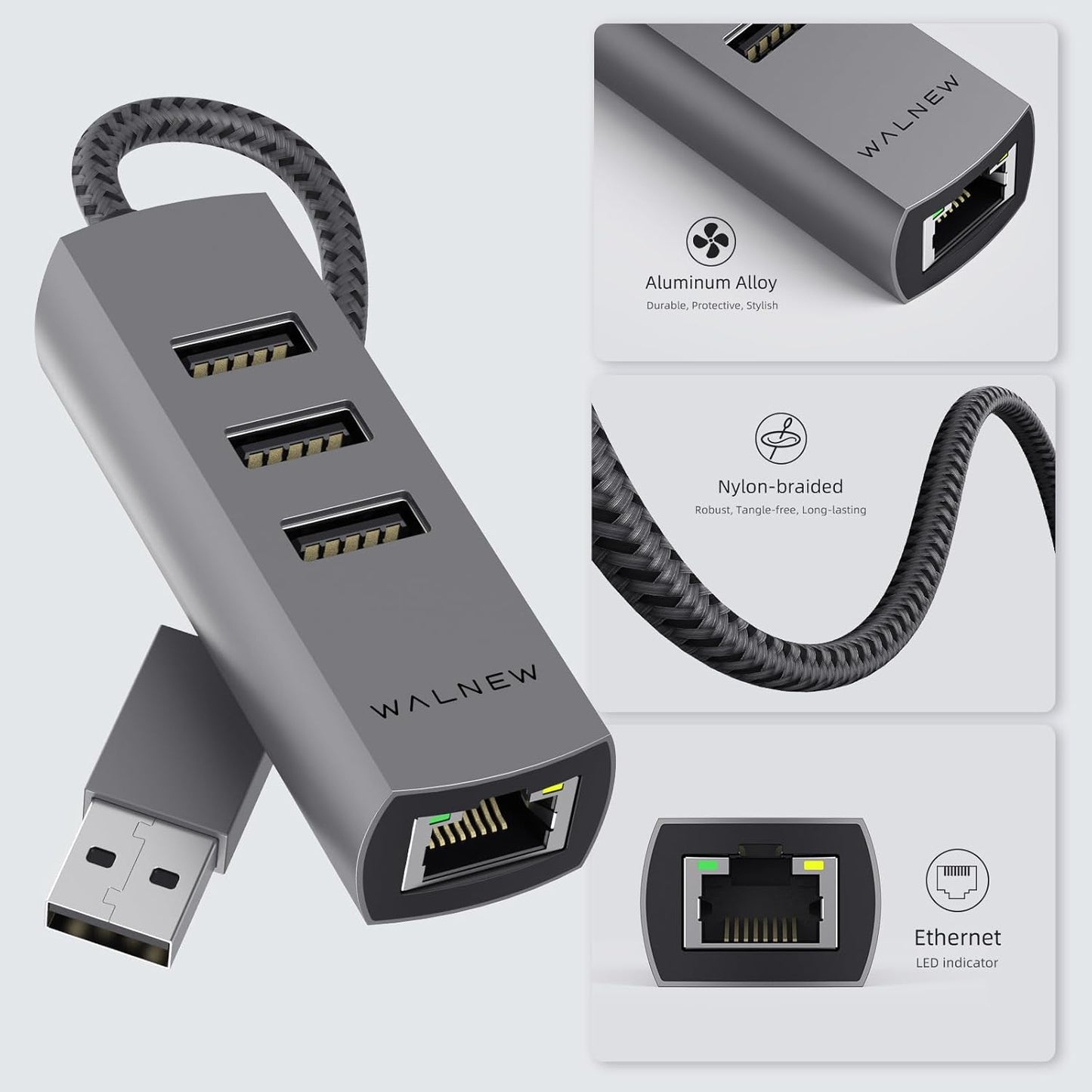 USB-C to Ethernet Adapter, WALNEW USBC to RJ45 LAN Adapter, Gigabit Cat Network Cable Converter to Type C Thunderbolt 3 for Mac,MacBook Pro/Air,Samsung Galaxy Tab (Ehternet+USB-A Port, USB-A)