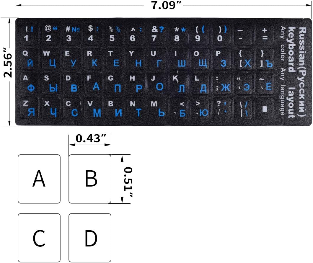 2PCS Russian Keyboard Stickers, Cyrillic Keyboard Letters Replacement Sticker Blue Font with Black Background for PC Computer Laptop Notebook Desktop, Russian-English Keyboard Alphabet Stickers