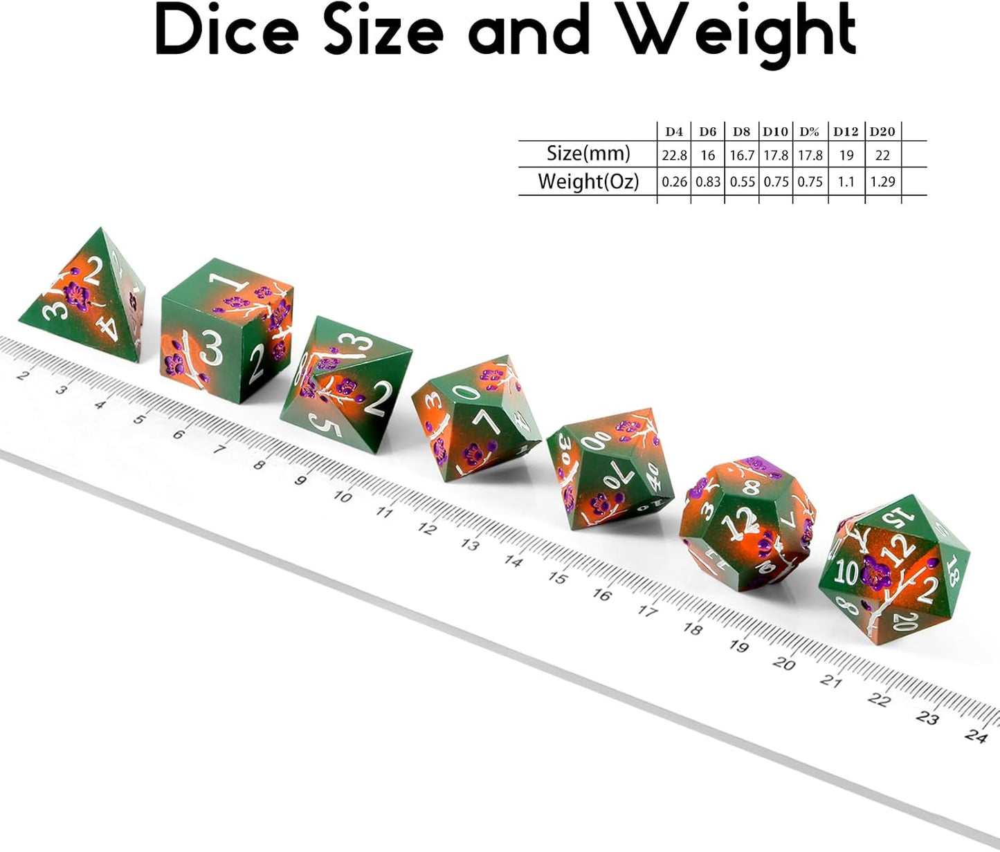 DNDND Metal Dice, 7 PCS Metallic Flowers D&D Dice with Gorgeous Gift Case for DND Dungeons and Dragon Tabletop Game (Army Green and Orange)