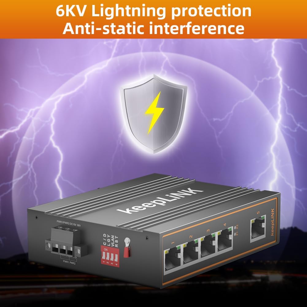 5 Port Industrial PoE Switch Unmanaged, 125W Fast Ethernet Din Rail Switch, IP40, Operating Temperature Range of -30° – 75°C (-22° – 167°F)