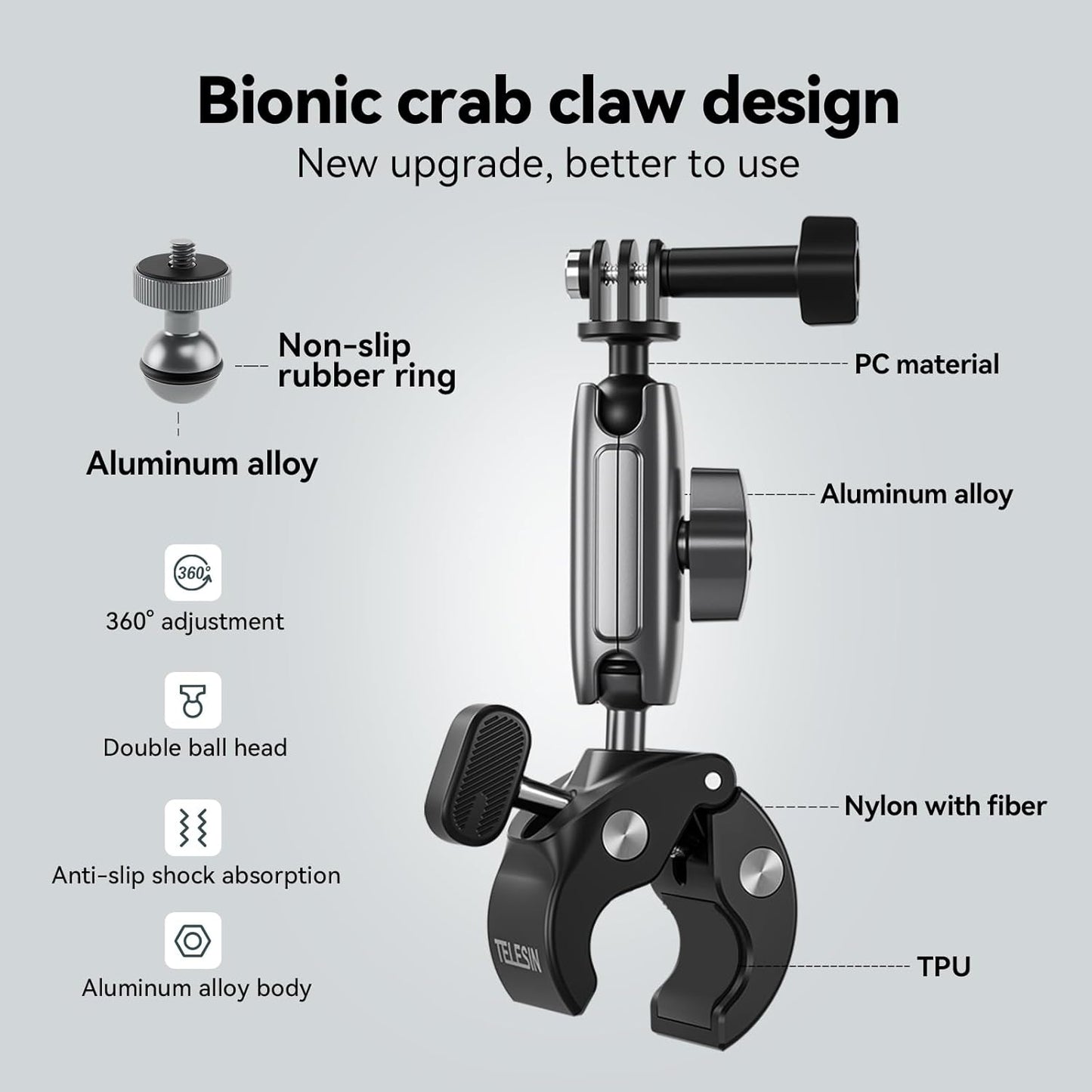 TELESIN Super Clamp Camera Mount with 360° Dual Ball Head, Bike/Bicycle/Motorcycle Handlebar Mount for GoPro Max Hero 13 12 11 10 9 8 7, DJI Osmo Nano 360 Action 5 Pro 4 3, Insta 360 X4 X5 Ace Pro 2