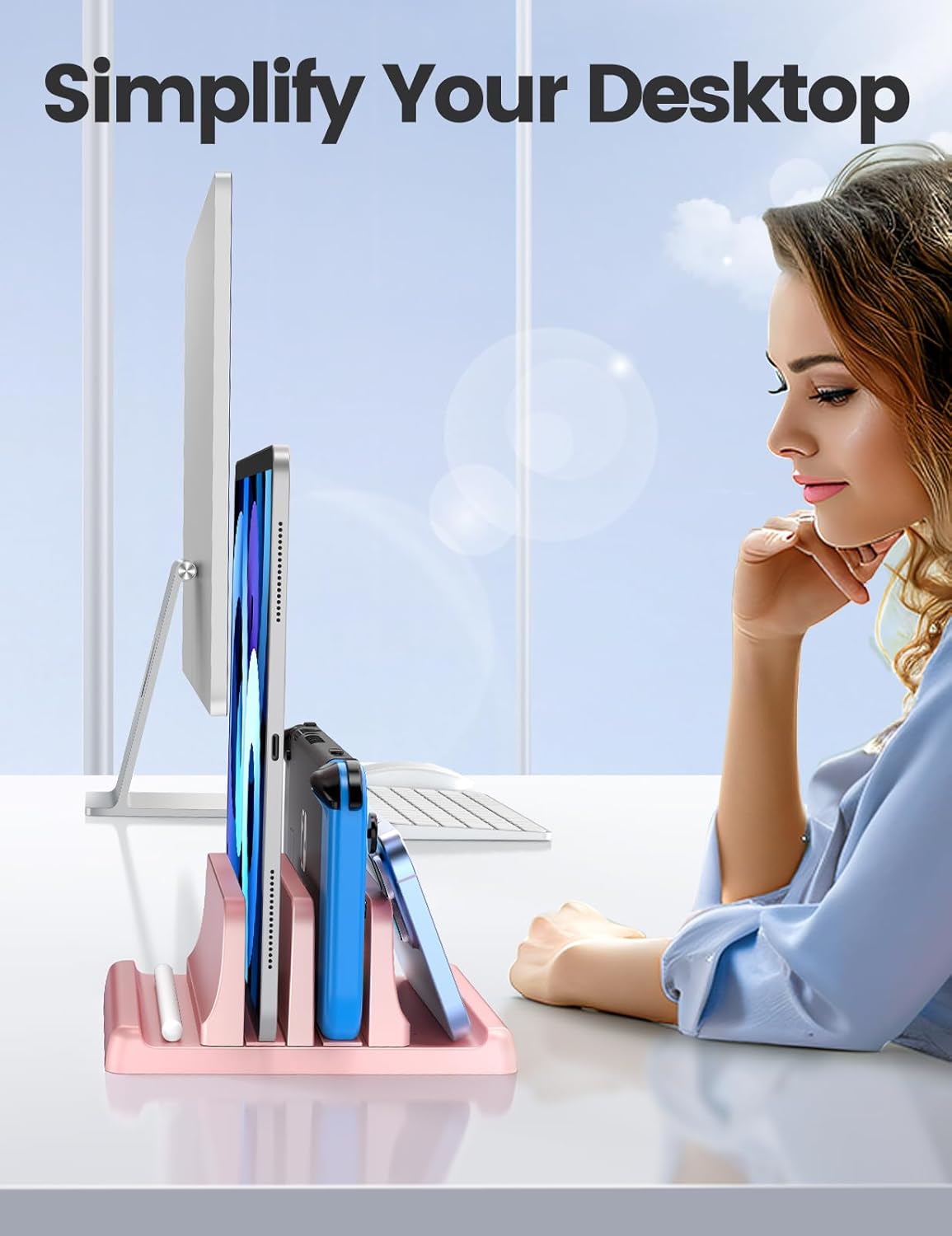 Vaydeer Vertical Laptop Stand for Desk, Dual Slots Plastic Laptop Holder with Space Saving 4-in-1 Design, Adjustable Laptop Stand Supports MacBook, Chromebook, Surface, Dell (Pink)