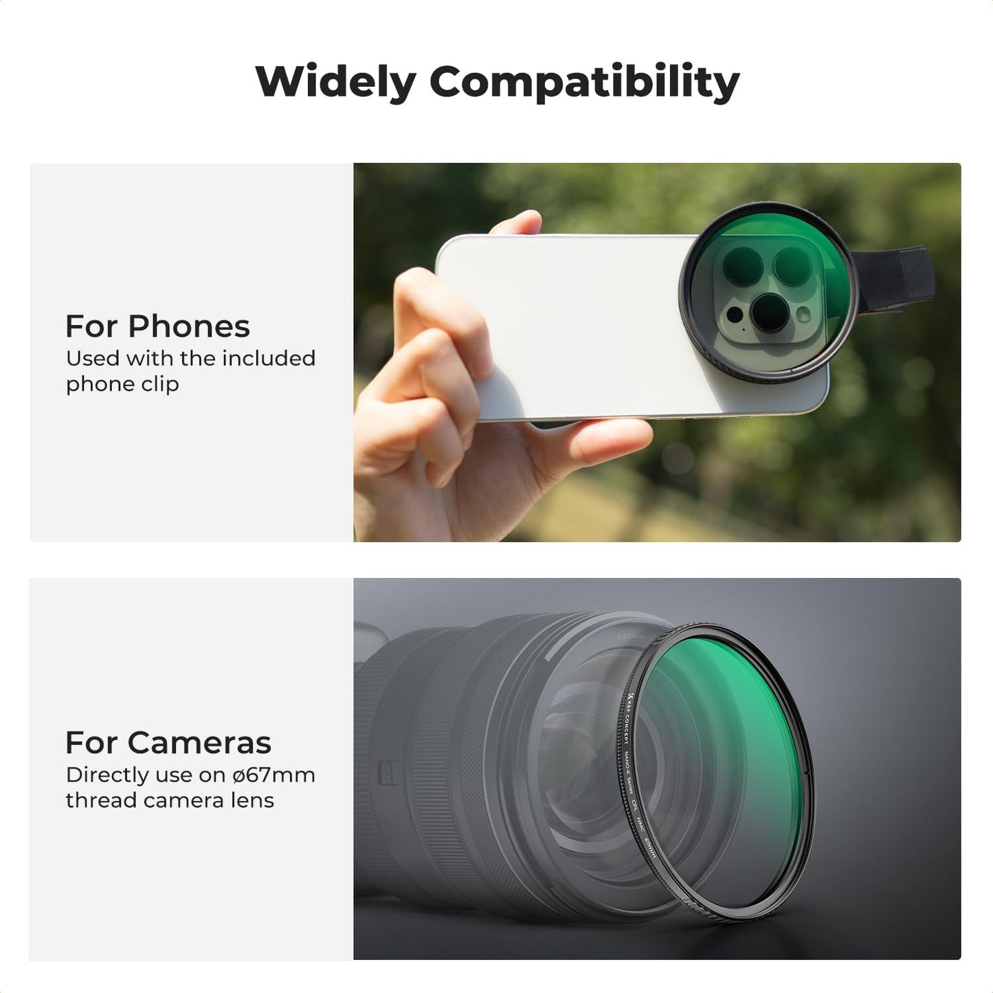 K&F Concept 67mm Clip-on CPL Phone Camera Lens Filter Kit, Circular Polarizer Polarizing Filter Compatible with iPhone 16 15 14 13 12 11