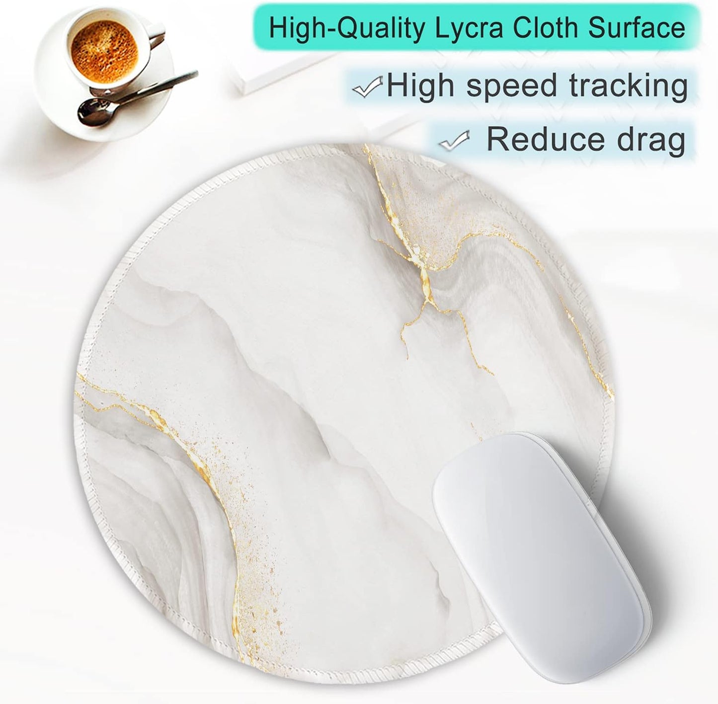 ITNRSIIET Round Mouse Pad with Stitched Edge Premium-Textured Waterproof Non-Slip Rubber Base Desktop Protection Mat Diameter 8.7 inches, White marbling