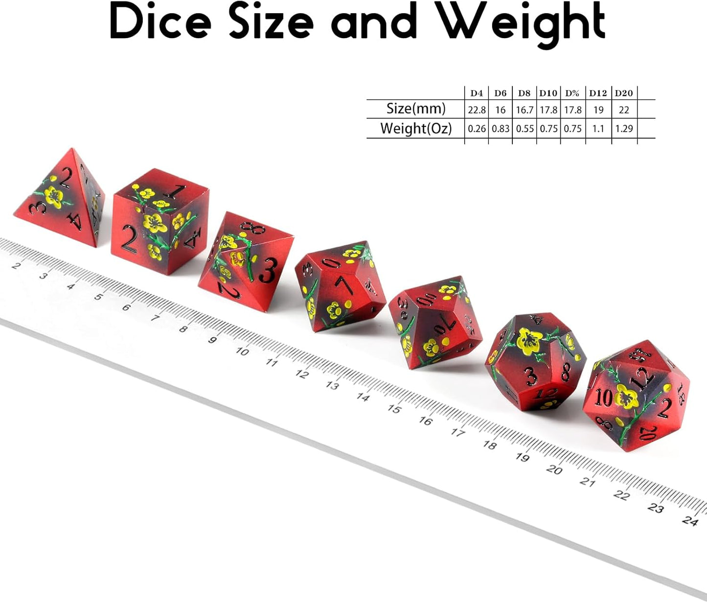 DNDND Metal Dice, 7 PCS Metallic Flowers D&D Dice with Gorgeous Gift Case for D&D Dungeons and Dragon Tabletop Game (Red and Yellow)