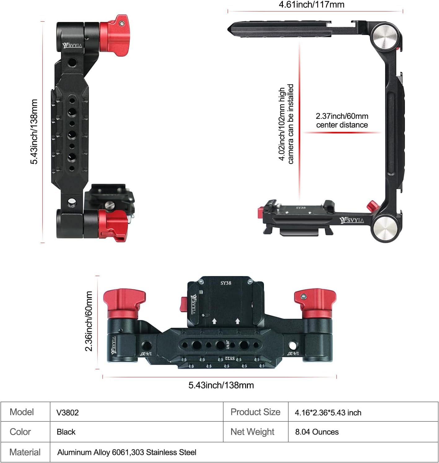 SY38 Camera Quick Release Foldable Half Cage,Camera Cage Compatible with SY22 SY38 SY50 Quick Release System,Compatible Arca and 38mm 50mm Bayonet and Tripod on The Market,V3802
