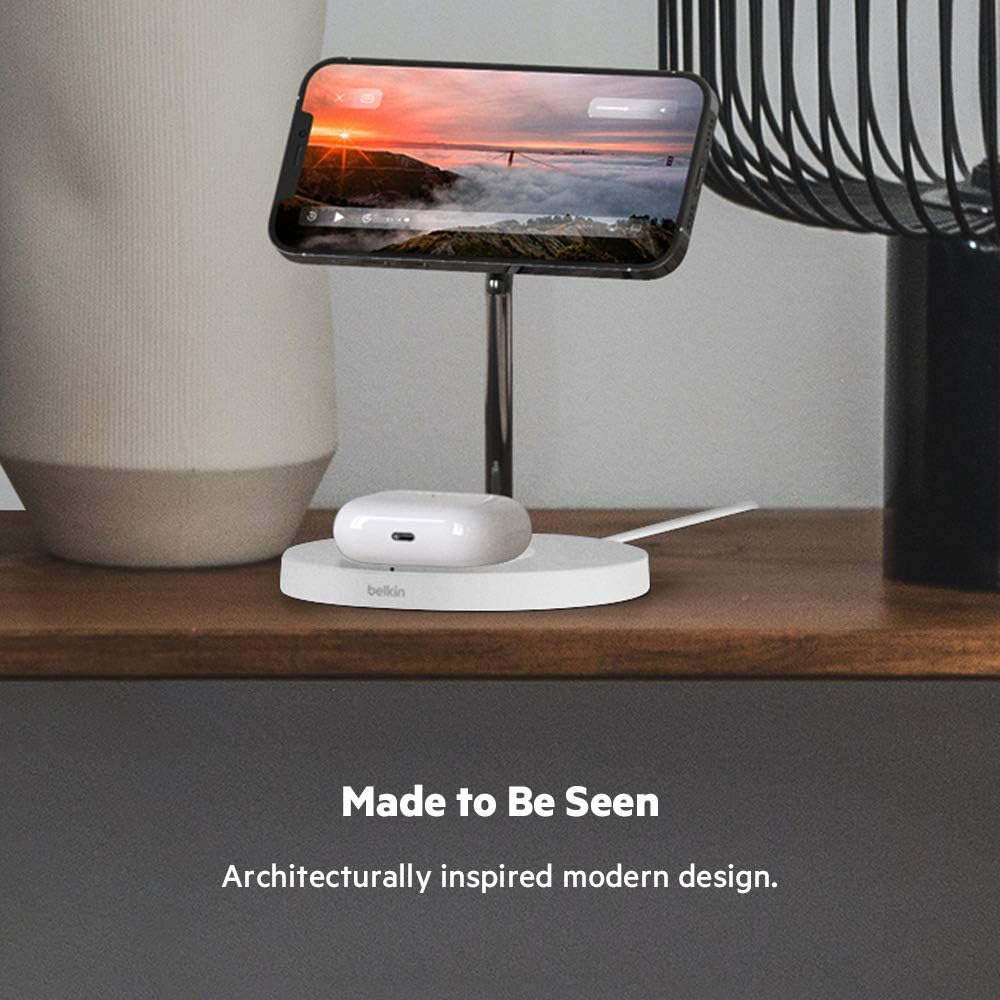 Belkin MagSafe 2-in-1 Wireless Charging Stand for Apple iPhone 13, 14, 15, 16, & AirPods - Fast Charging Station for Multiple Devices - White