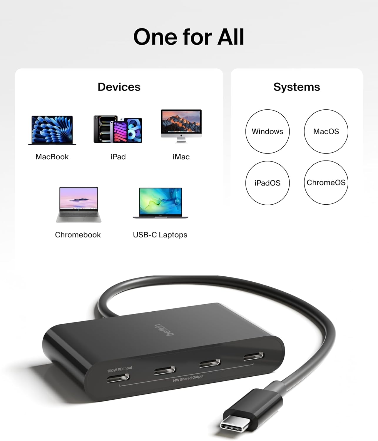 Belkin Connect 4 Port USB C Hub - Multiport Adapter Dongle with 4 USB C 3.2 Gen 2 Ports - High Speed 10G Data Transfer for Laptop, MacBook, iPad, PC, and More - 100W PD