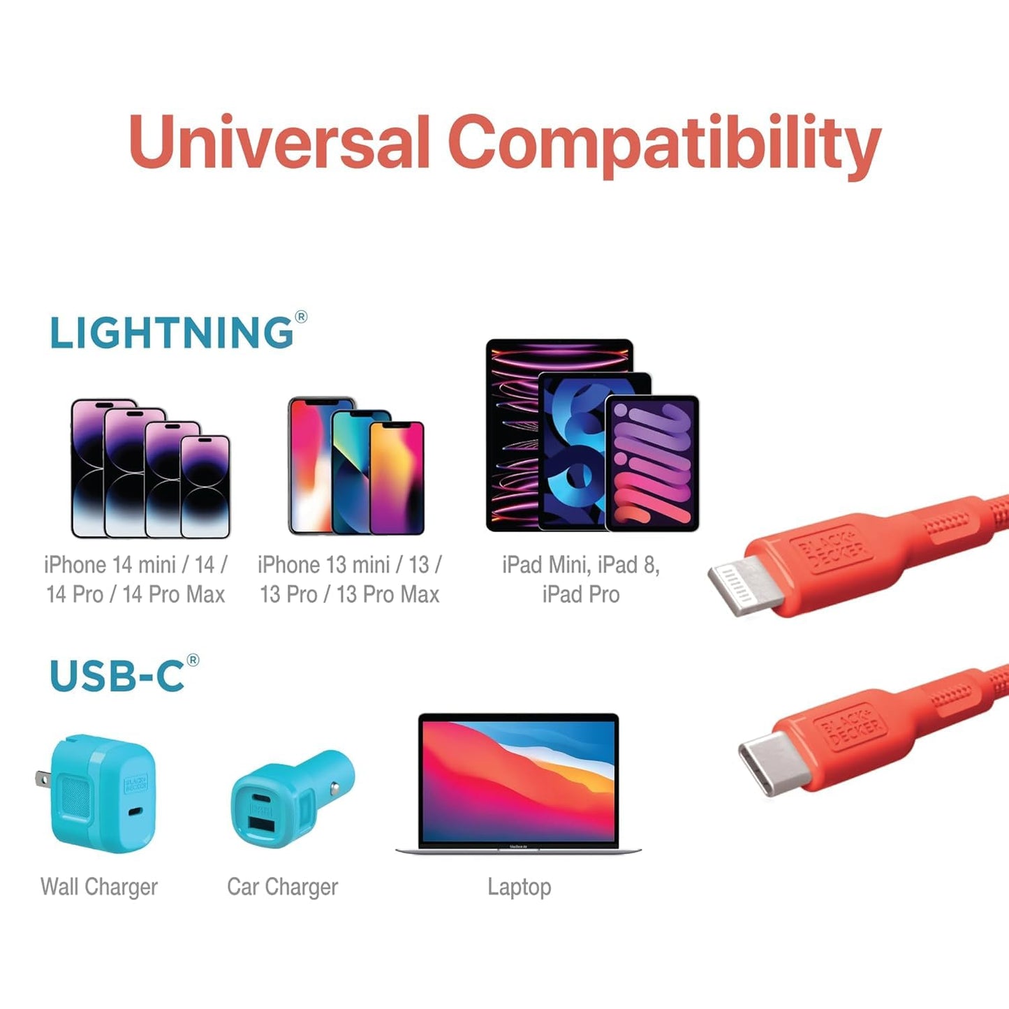 BLACK+DECKER USB C to Lightning Cable - Fast Compatible iPhone Lightning Cable - Durable Braided Type C iPhone Charger Cord - for Travel and Daily Use - Multiple Colors and Lengths - 9ft