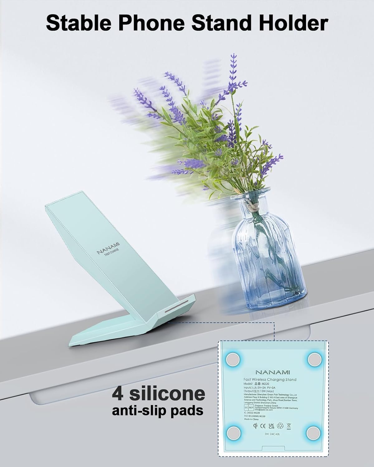 NANAMI Wireless Charger - Fast Wireless Charging Stand Desktop Charger Dock for iPhone 16/15/14/13/12/11 Pro, 10W for Samsung Galaxy S25/S24/S23/S22/S21/S20/Note 20 Ultra/10/9 and Qi-Enabled Phone