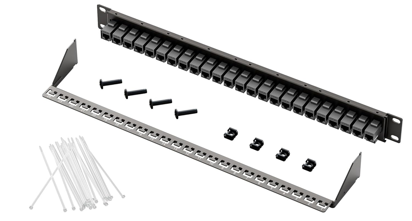 FGB 24 Port Cat6A Keystone Patch Panel, 19" Rackmount or Wall Mount, 1U with Back Bar, Network Patch Panel for Gigabit Ethernet