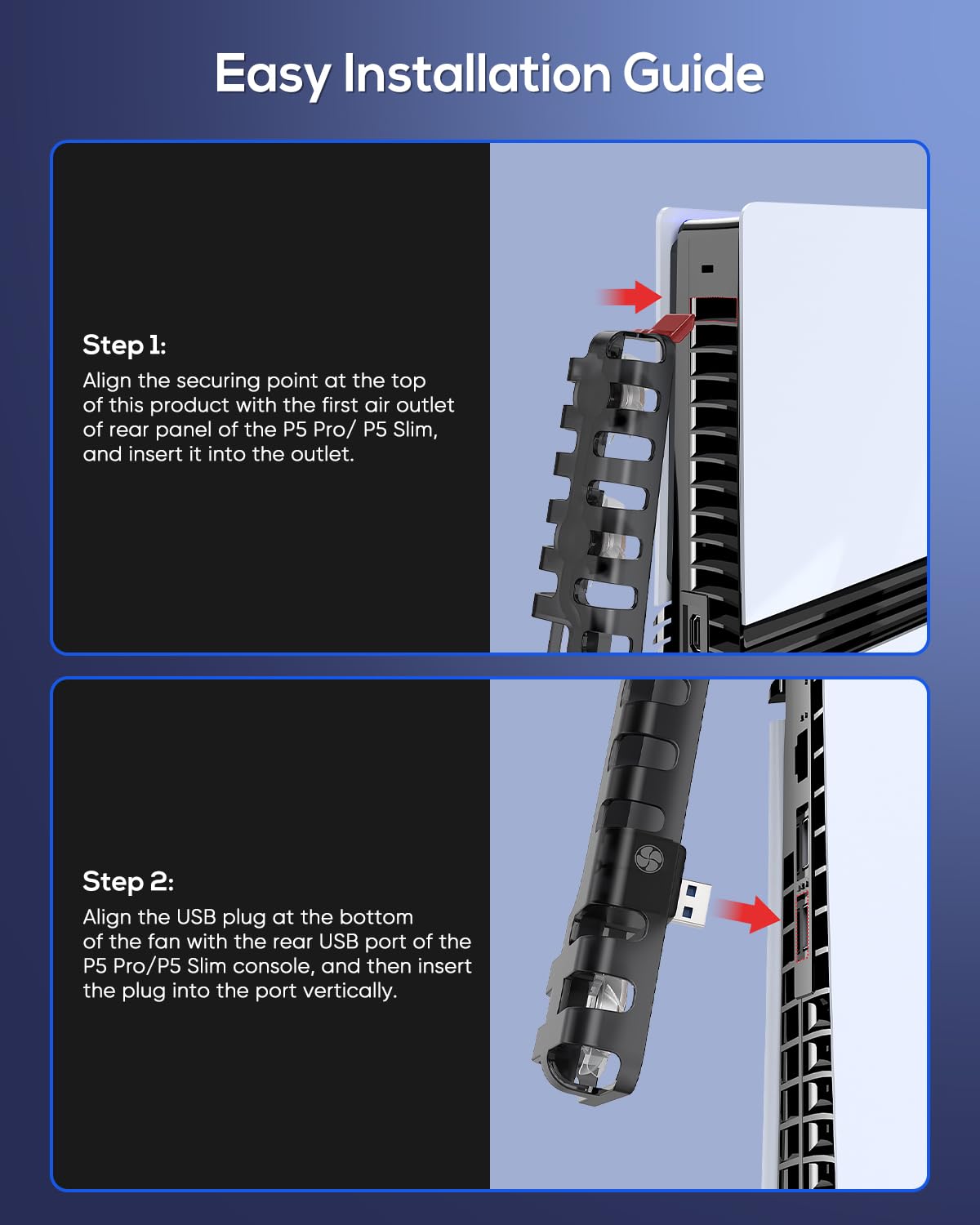 Auto Cooling Fan for PS5 Pro/Slim, USB 3.0 Port, Adjustable 3 Speed, with LED Light, Memory Function, Quiet and Efficient Cooling System for PS5 Pro/Slim Cooling Fan