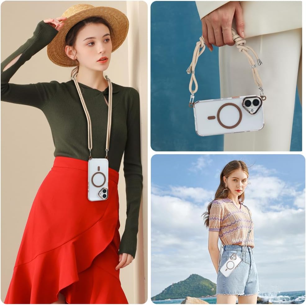 for iPhone 16 Case with 62.99 inch Lanyard, Classic Clear&Brown Magnetic Phone Case, Drop&Shockproof Protection Cases, Phone Lanyard for Around The Neck, Compatible with Magnet Accessory