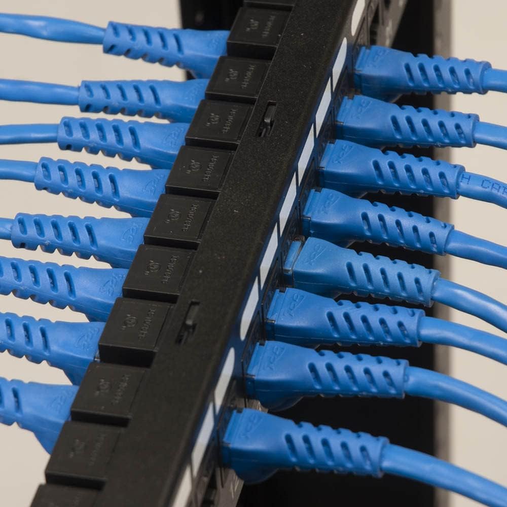 ICC CAT5e Feed-Through Patch Panel, 24 Port, 1U Rackmount, RJ45 Ethernet Patch Panel, No Punch Down, PoE++ and TAA Compliant, Black