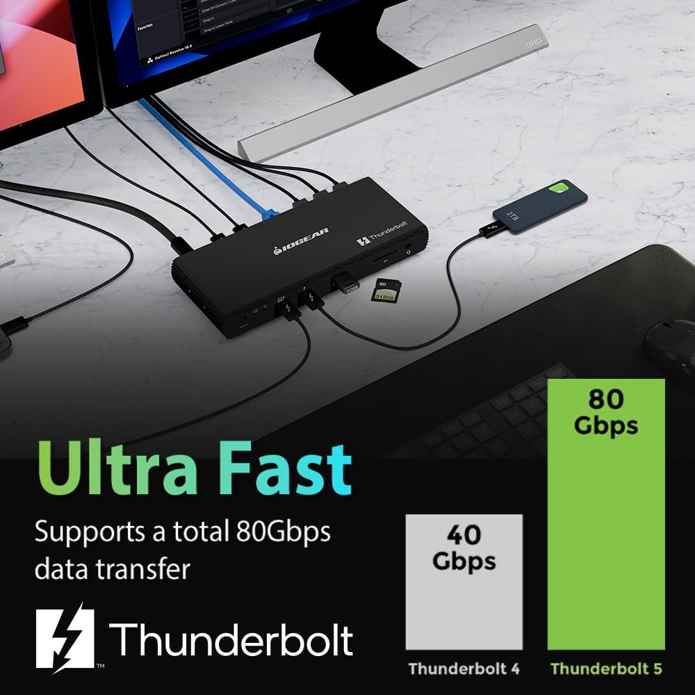 IOGEAR Quantum Thunderbolt 5 Dock Pro - 10 Devices - 80gbps - 2.5G - TB5 Host Dual 8K 60hz / Triple 4K Display 120hz - USB-A, SD 4.0, Audio - TAA - 140W Host Power - Includes PSU - Win 11 — GTD58KTAA