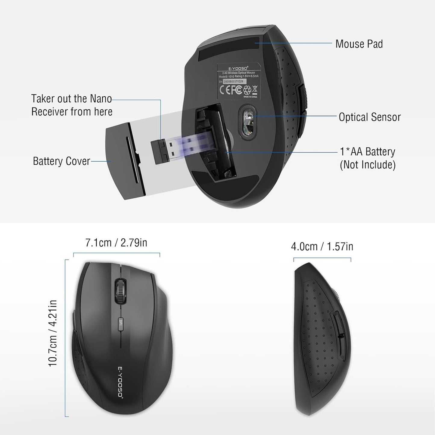 E-YOOSO Wireless Mouse for Laptop, Portable Optical Computer Mouse, 6 Buttons, Cordless 2.4GHz with USB Receiver, 5-Level 4800 DPI, 18 Months Battery Life, for PC, Chromebook, Windows, Mac(Black)