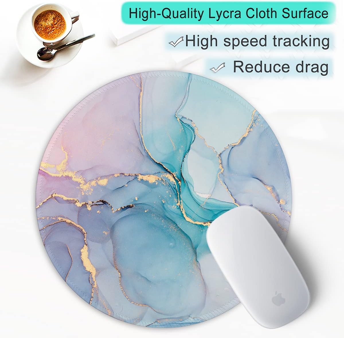 ITNRSIIET Round Mouse Pad with Stitched Edge Premium-Textured Waterproof Non-Slip Rubber Base Desktop Protection Mat Diameter 8.7 inches, Color Textured Marble