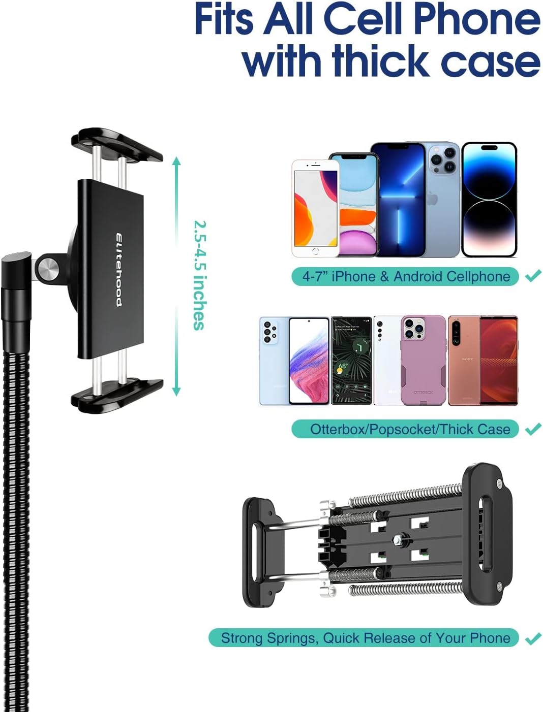 Elitehood 6.7 Feet Tall Phone Tripod, Heavy Duty Metal iPhone Tripod Stand with Remote, 17" Gooseneck Overhead Tripod for iPhone 15 14 13 Pro Max / 13 Pro / 13 12 11, Android Cell Phone Black