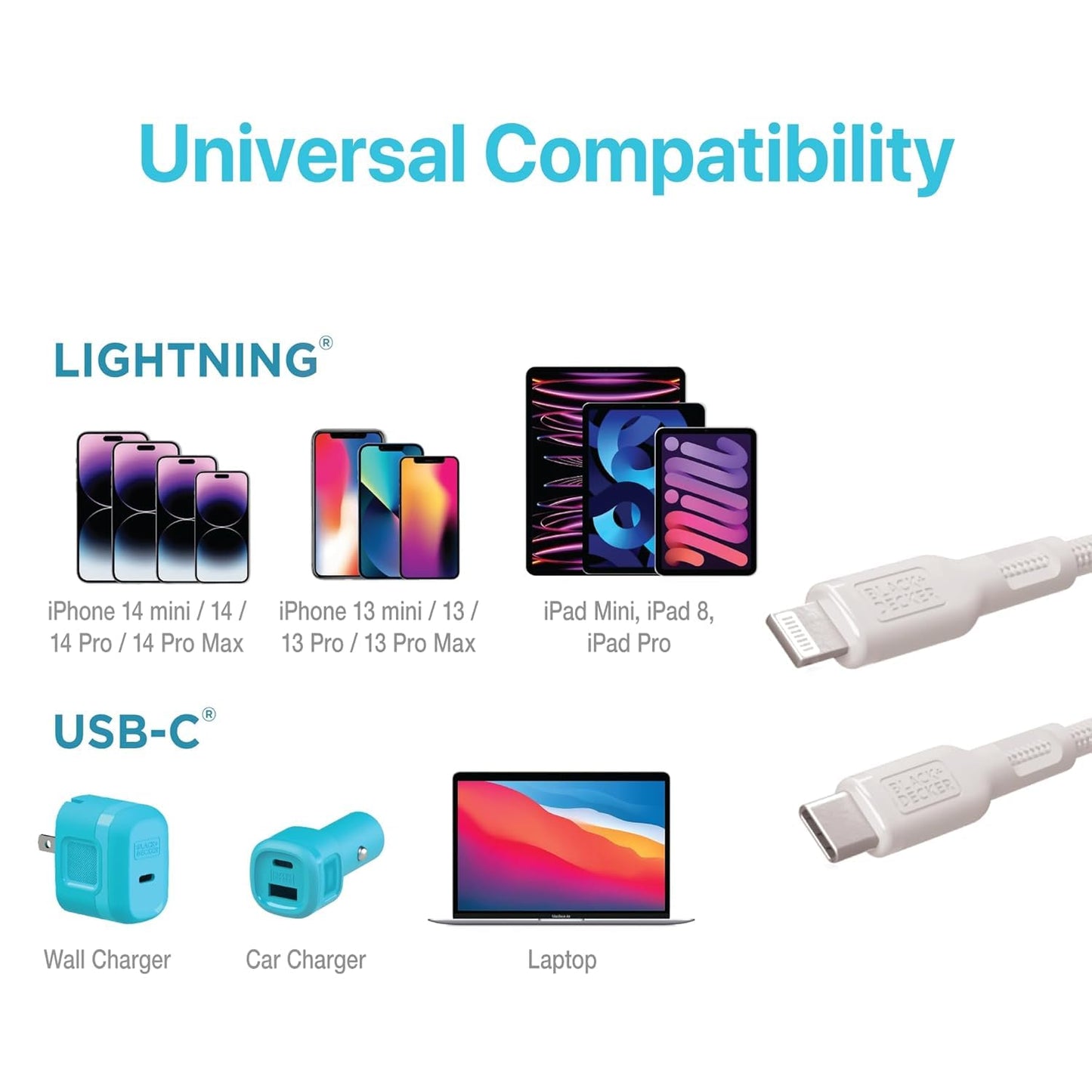 BLACK+DECKER USB C to Lightning Cable - Fast Compatible iPhone Lightning Cable - Durable Braided Type C iPhone Charger Cord - for Travel and Daily Use - Multiple Colors and Lengths - 3ft