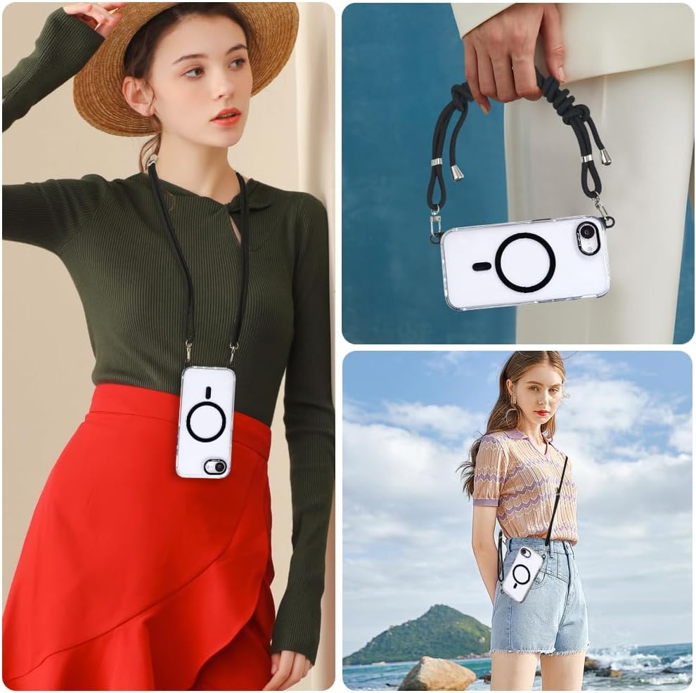 for iPhone 16e Case with Adjustable Phone Lanyard Strap, Compatible with MagSafe, Shockproof Military-Grade Protection, Magnetic Phone Case, Classic Clear Black Hybrid Case, Yellowing Resistant