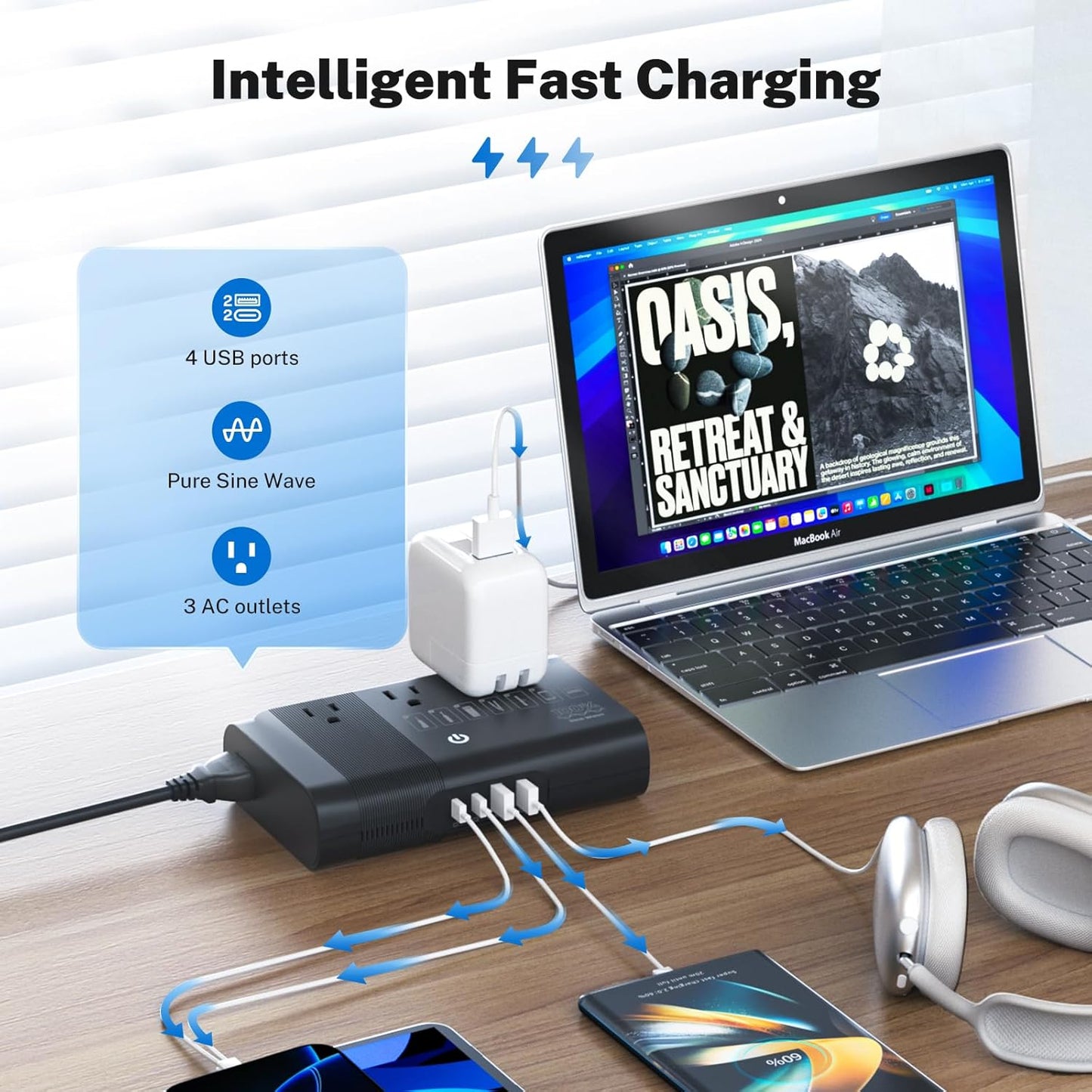 DOACE 500W Pure Sine Wave Voltage Converter, 220V to 110V European Travel Plug Adapter Converter, International Travel Transformer for US to Most Europe,UK, AU, EU, IT with 3 US Outlets & 4 USB, BLACK