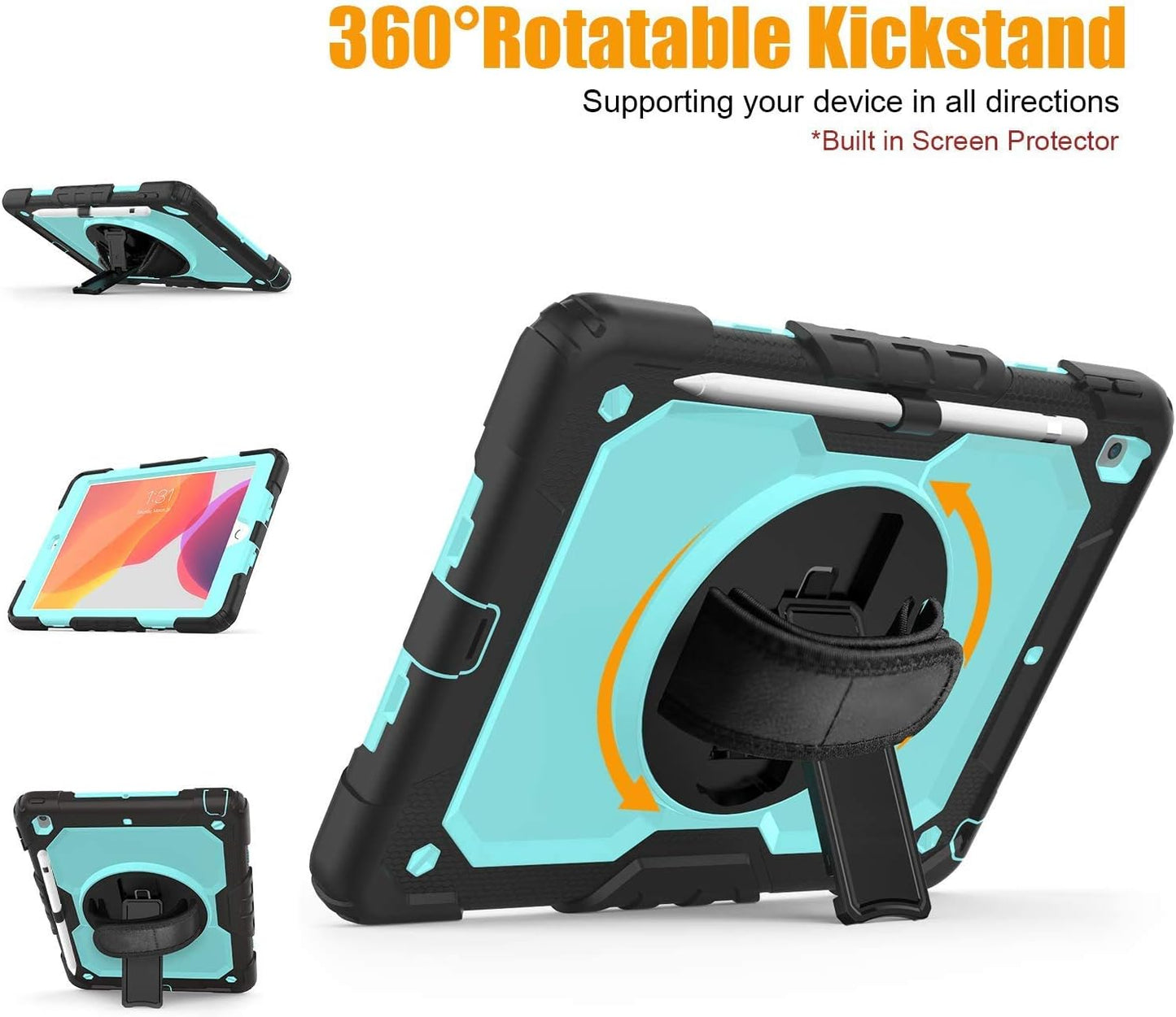 BLOSOMEET Case for iPad 9th/8th Generation 2021/2020 10.2 Inch with Tempered Glass Screen Protector & Pencil Holder,Rugged Kids iPad 7th Gen 10.2 Case 2019 Cover w/Stand Hand Shoulder Strap,SkyBlue
