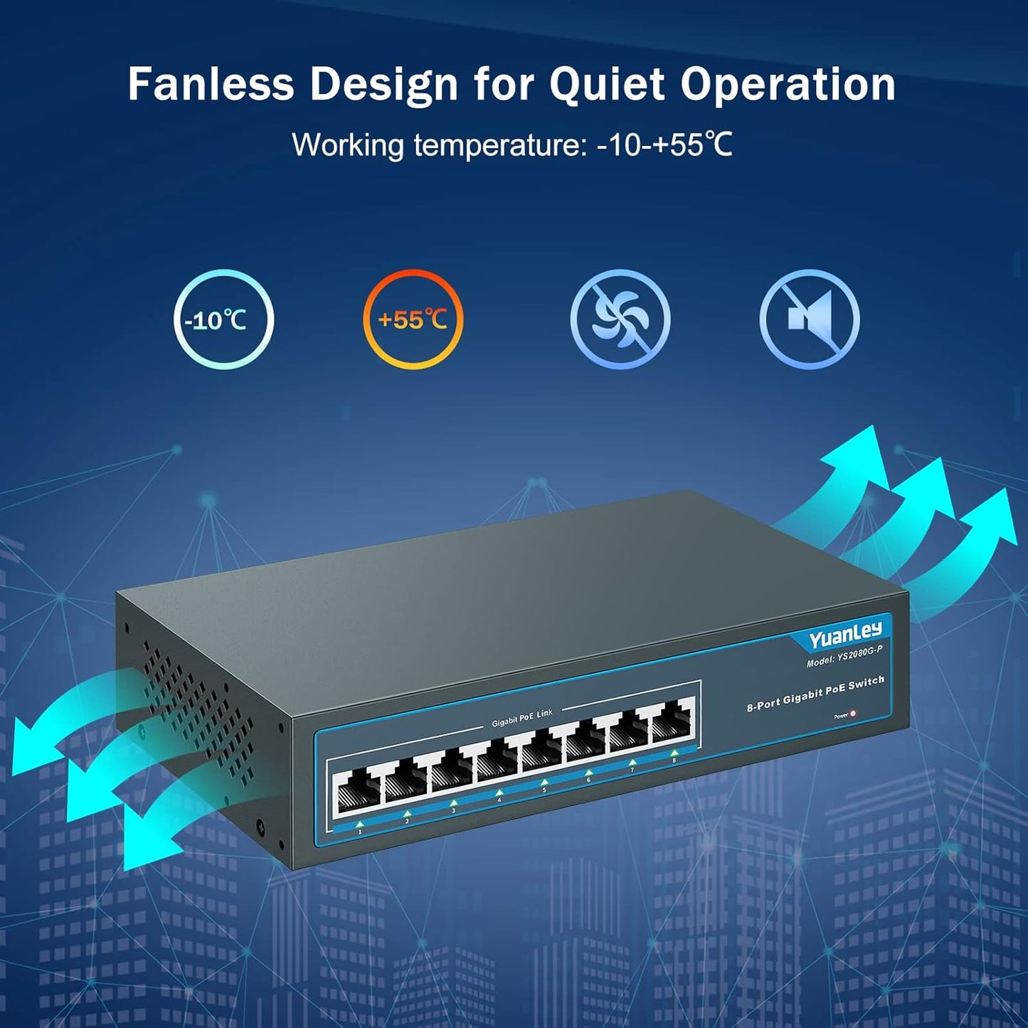 YuanLey 8 Port Gigabit PoE Switch, 8 PoE+ Ports 1000Mbps, 120W 802.3af/at, Metal Fanless Unmanaged Plug and Play