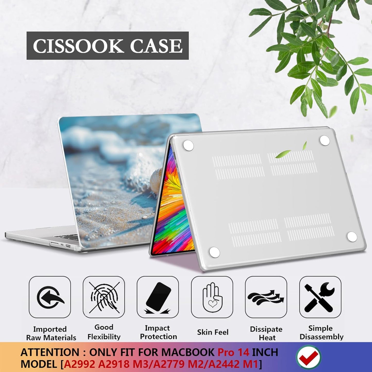 CISSOOK Compatible with MacBook Pro 14 inch Case 2024, 2023-2021 Release M4 A3112 A3185 A3401 M3 A2992 A2918 M2 A2779 M1 A2442 Model, Plastic Hard Shell Case with Keyboard Cover, Beach&Shell