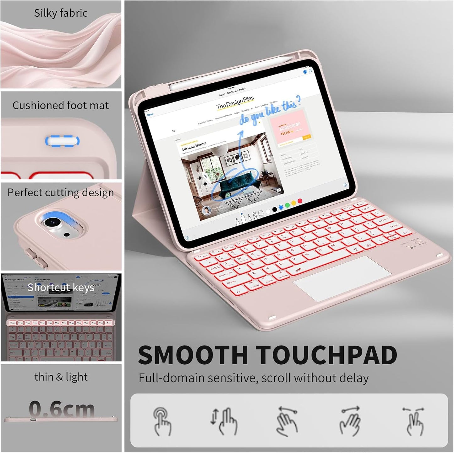 JKSML for iPad(A16) 11th/10th Generation Case with Keyboard (11/10.9 inch) 2025/2022, 7 Color Backlight Detachable Bluetooth Cover with Trackpad, Flip Stand Case Thin with Pencil Holder, Baby Pink